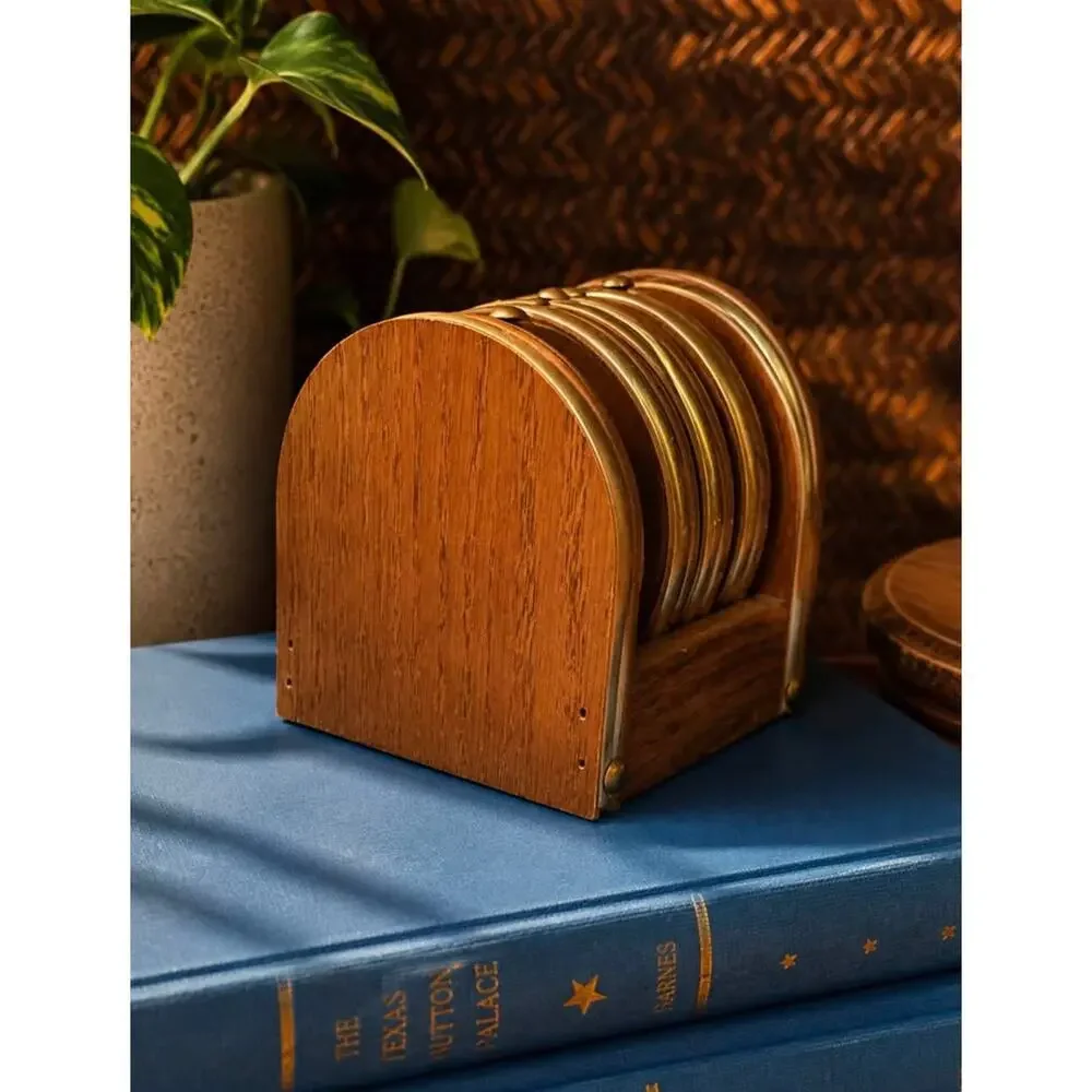 Vintage Mid Century Wood & Brass Coaster Set with Holder, Drink Coasters Set